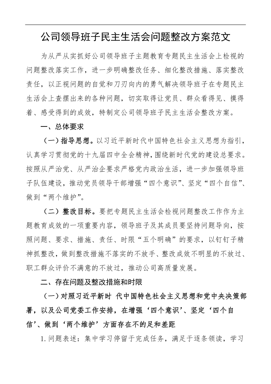 公司领导班子民主生活会问题整改方案.doc_第1页