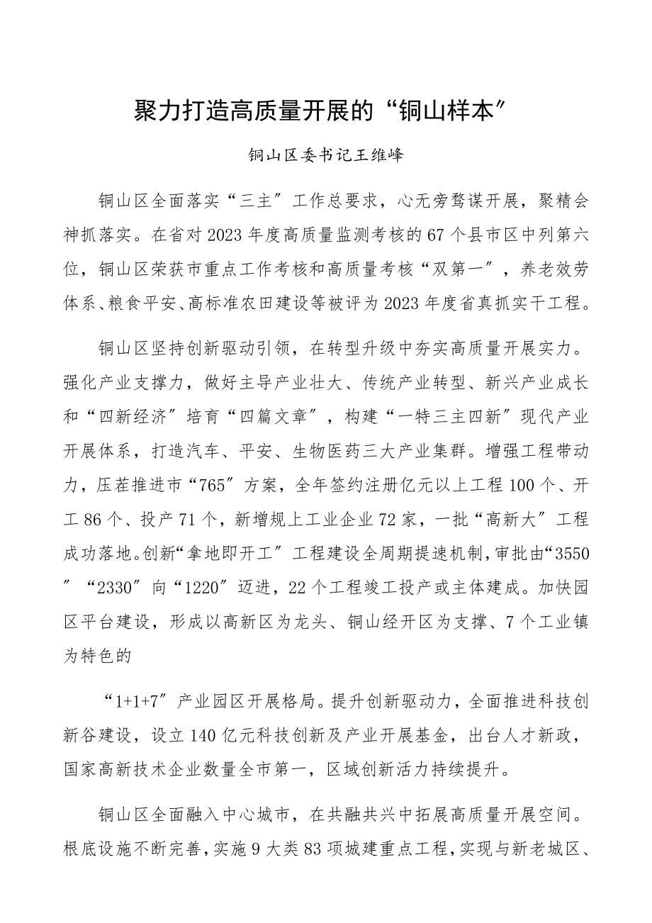 书记在2023年高质量发展总结表彰大会上的发言材料5篇.docx_第1页