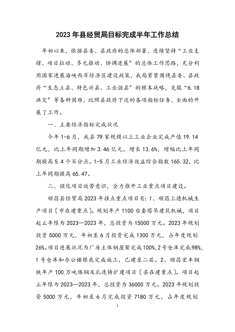 2023年县经贸局目标计划完成半年工作总结.docx_第1页