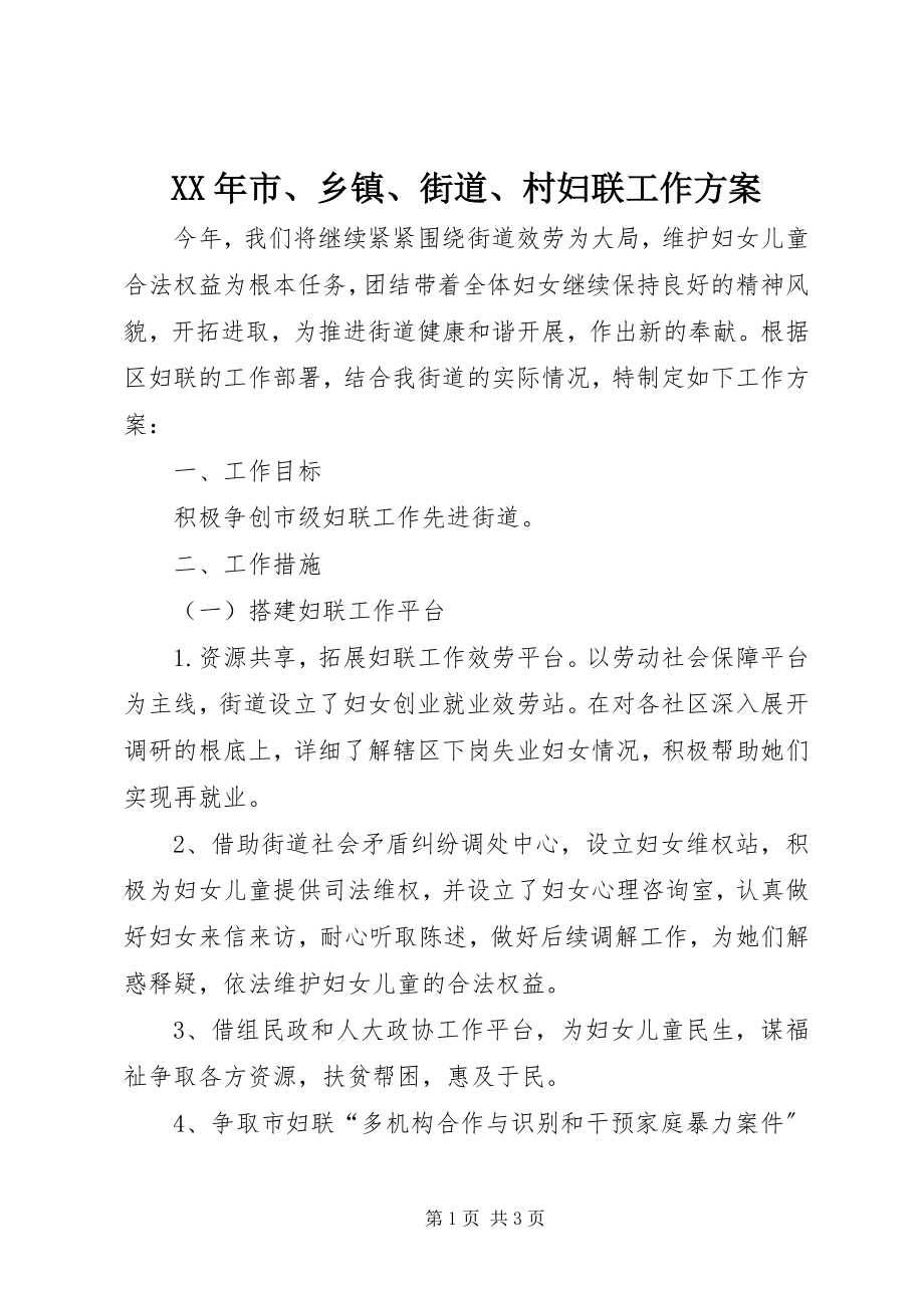 2023年市乡镇街道村妇联工作计划.docx_第1页