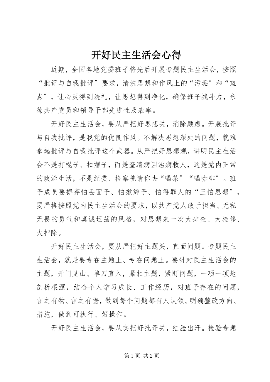 2023年开好民主生活会心得.docx_第1页