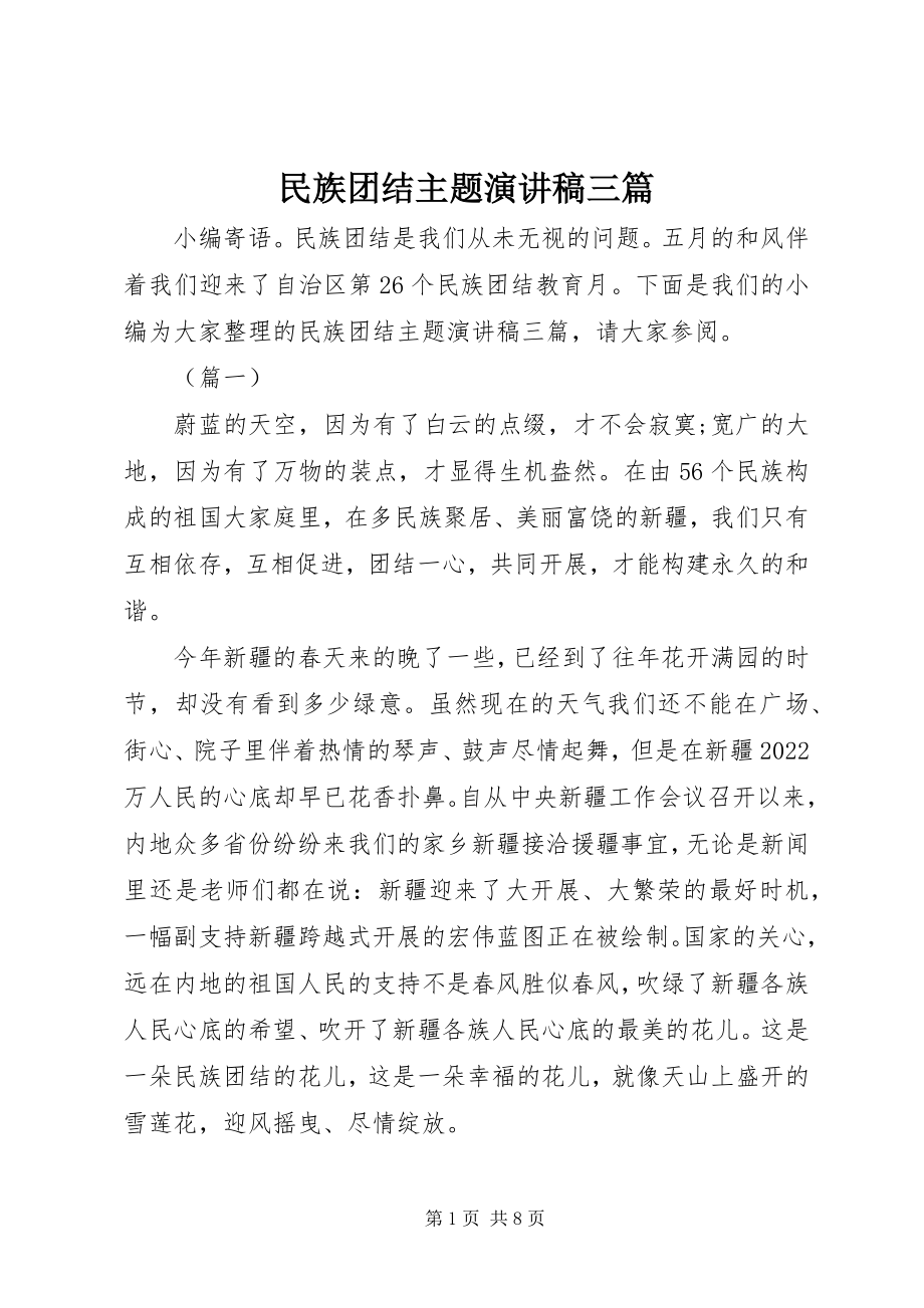 2023年民族团结主题演讲稿三篇.docx_第1页