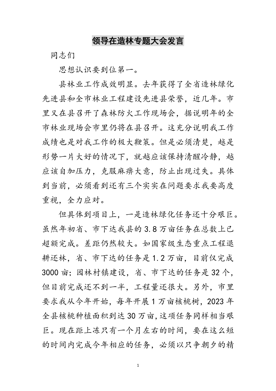 2023年领导在造林专题大会发言范文.doc_第1页