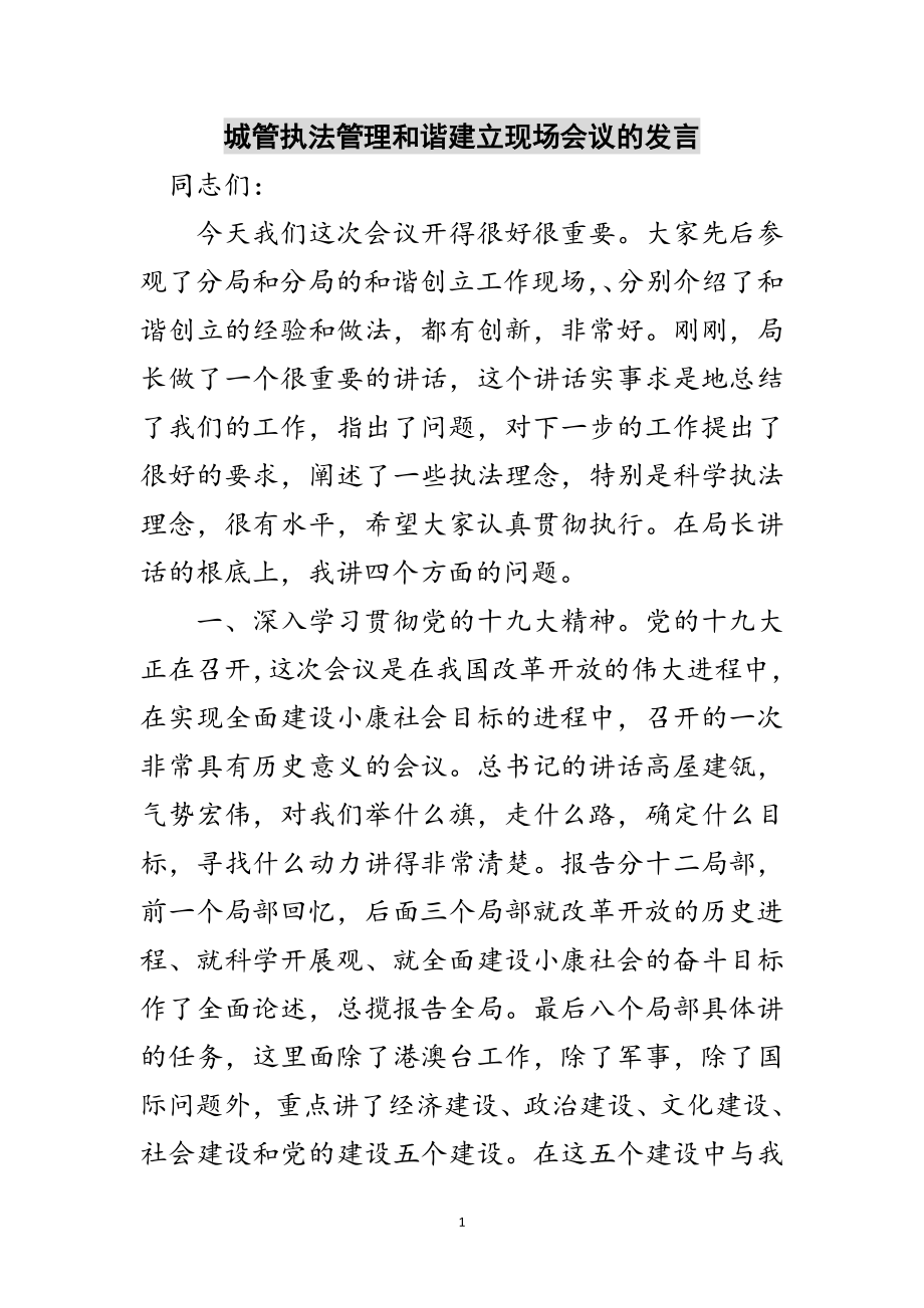 2023年城管执法管理和谐建立现场会议的发言范文.doc_第1页