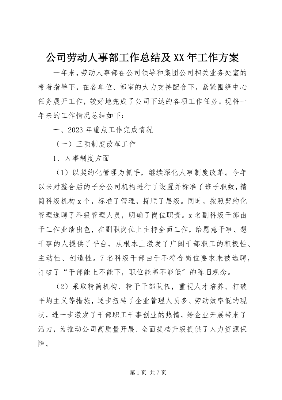 2023年公司劳动人事部工作总结及某年工作计划.docx_第1页