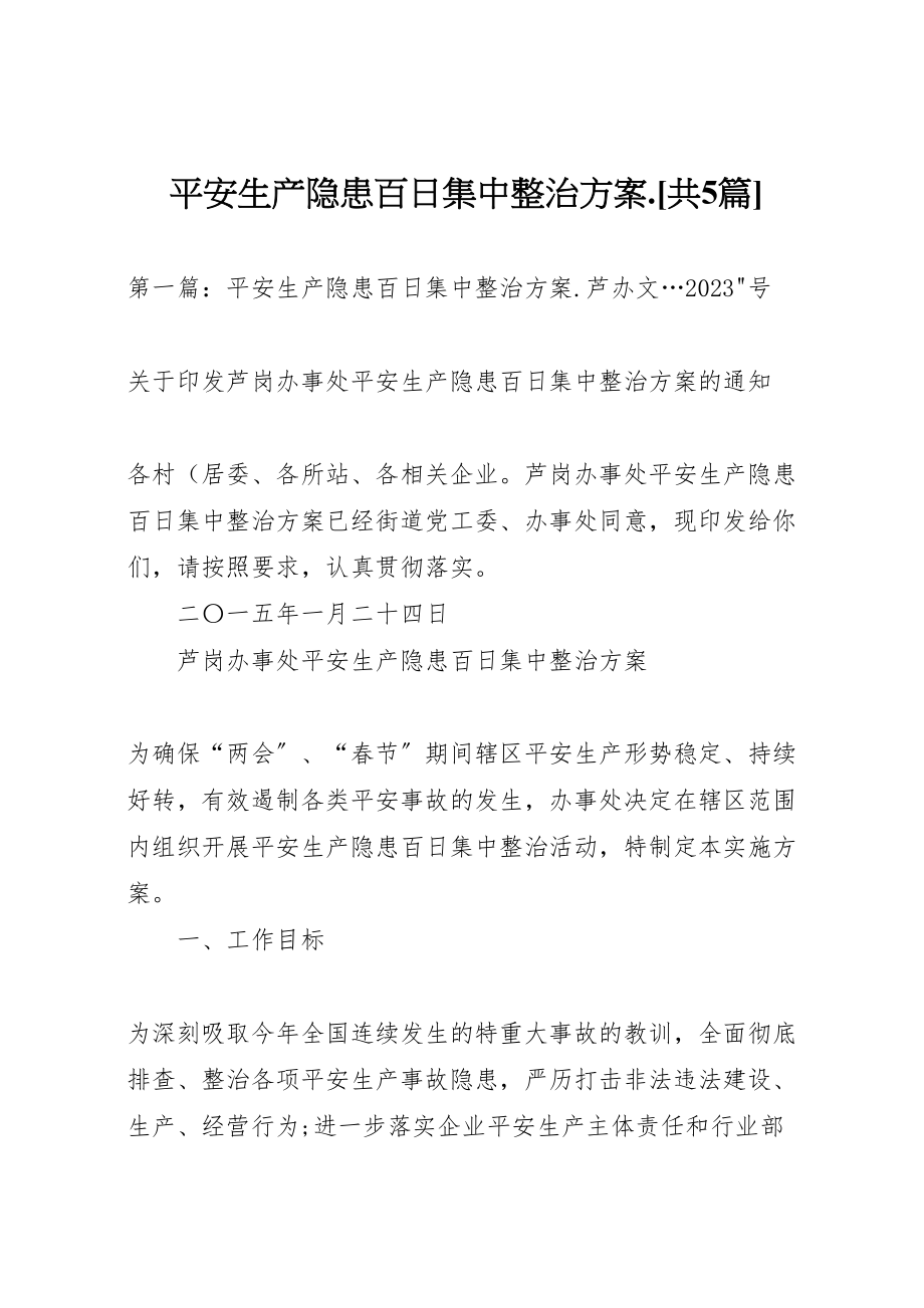 2023年安全生产隐患百日集中整治方案共5篇.doc_第1页