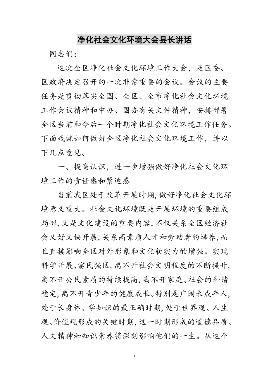 2023年净化社会文化环境大会县长讲话范文.doc_第1页