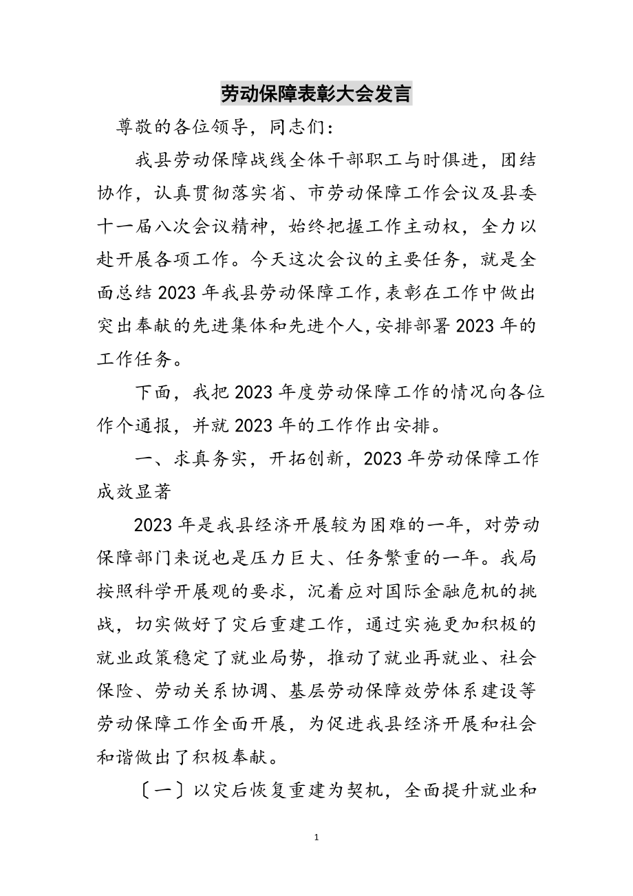 2023年劳动保障表彰大会发言范文.doc_第1页