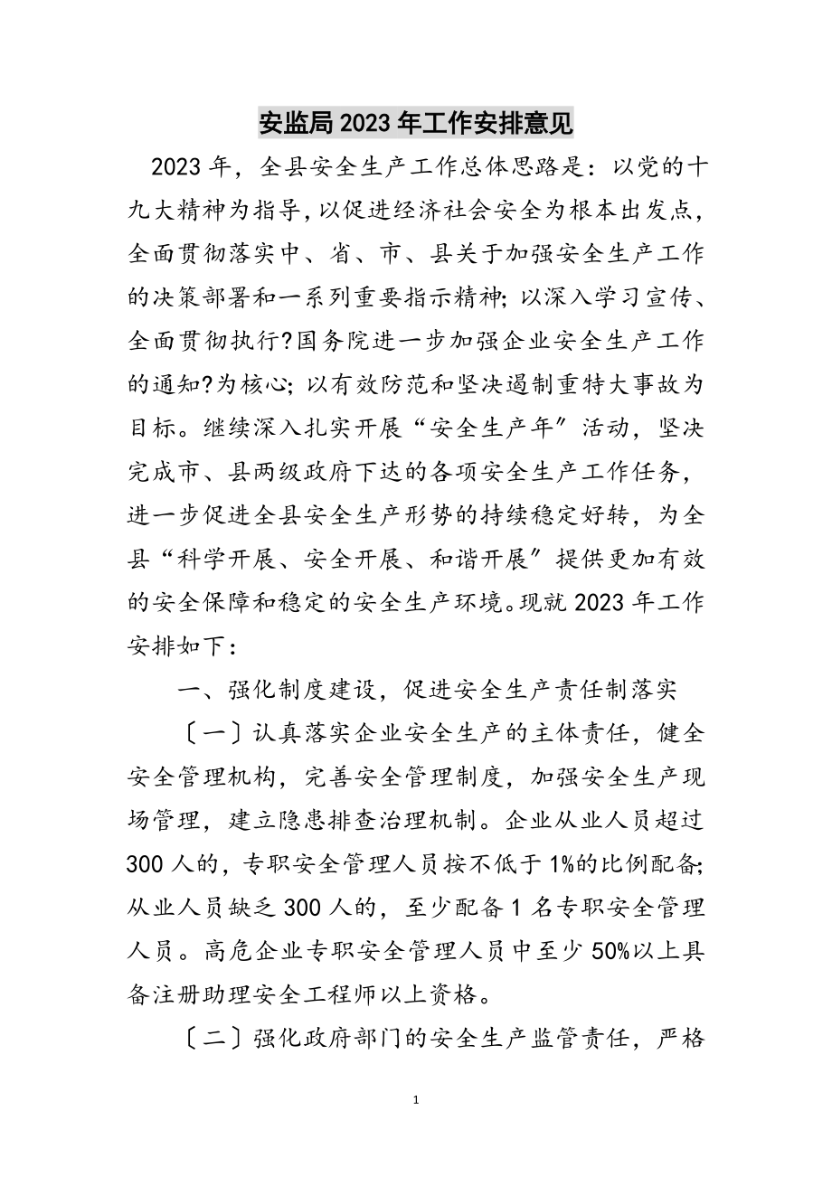 2023年安监局年工作安排意见范文.doc_第1页