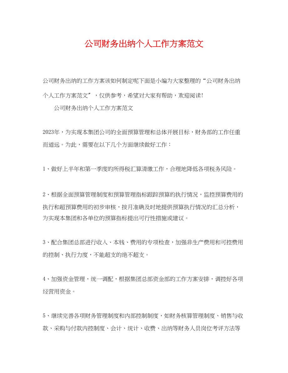 2023年公司财务出纳个人工作计划.docx_第1页