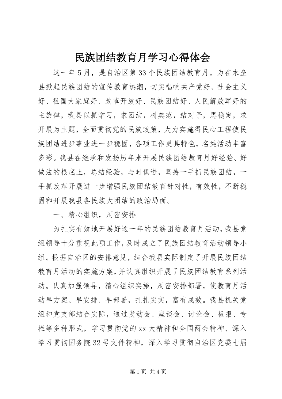 2023年民族团结教育月学习心得体会.docx_第1页