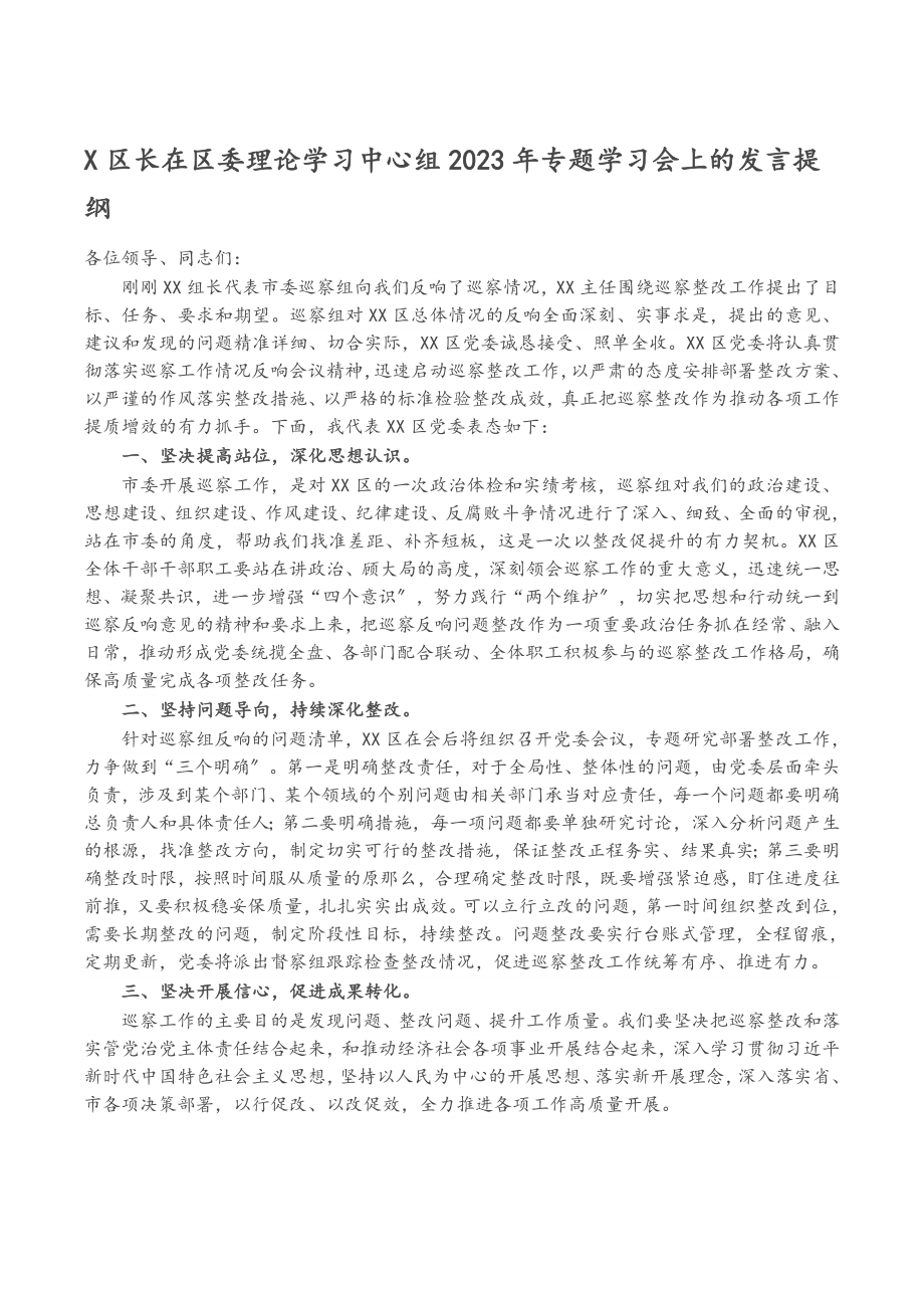 X区长在区委理论学习中心组2023年专题学习会上的发言提纲.docx_第1页