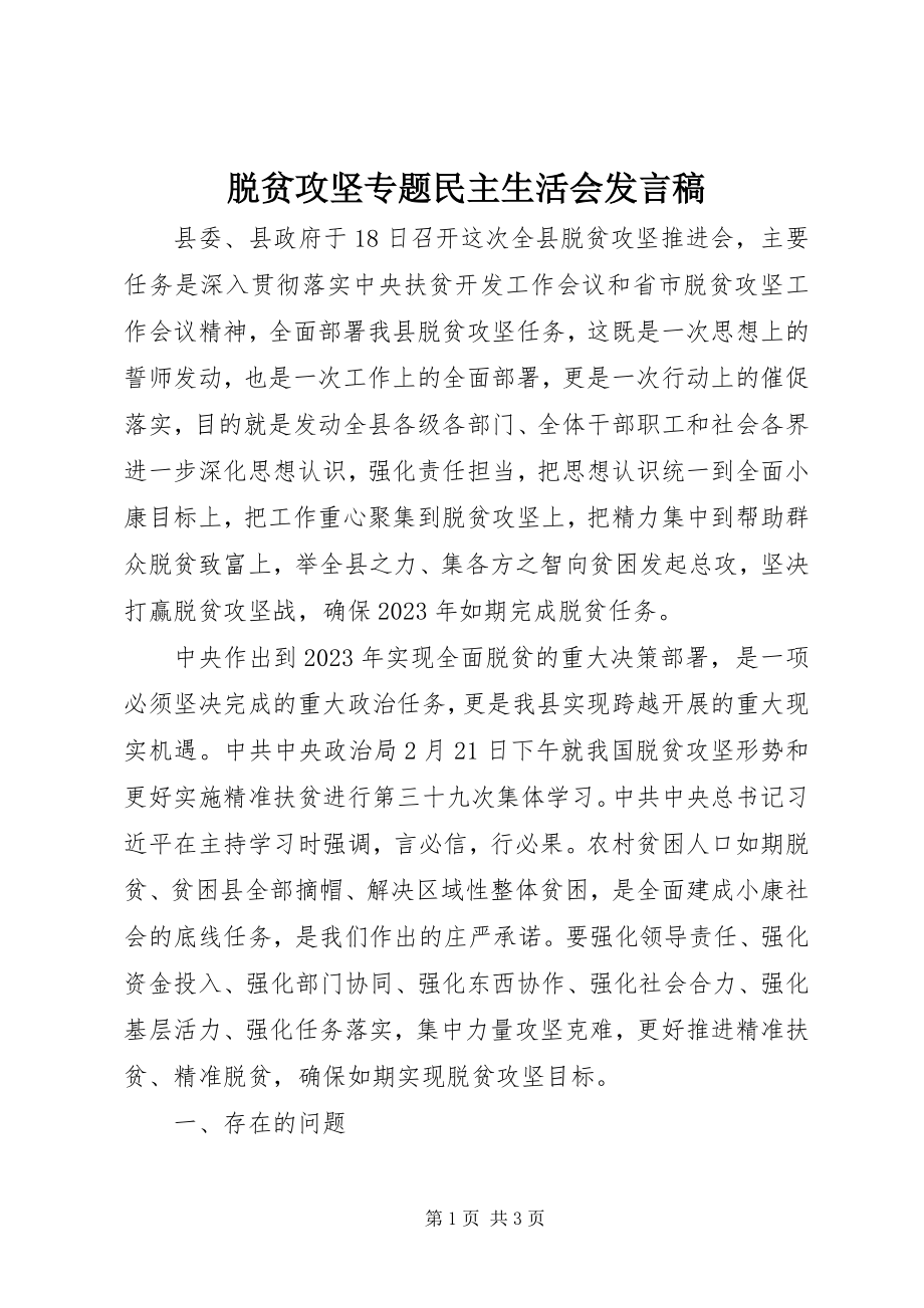 2023年脱贫攻坚专题民主生活会讲话稿.docx_第1页