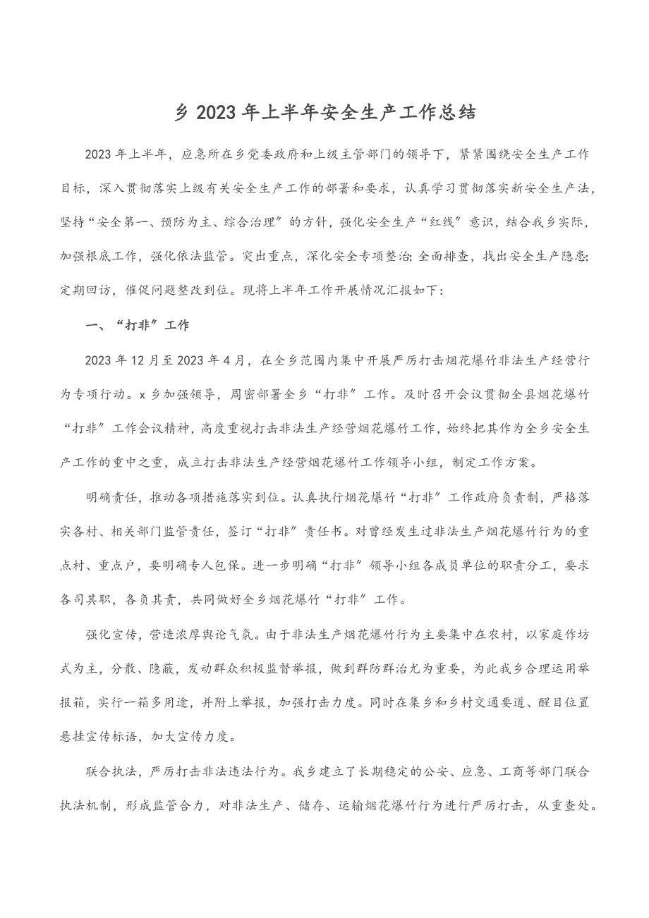 乡上半年安全生产工作总结范文.docx_第1页