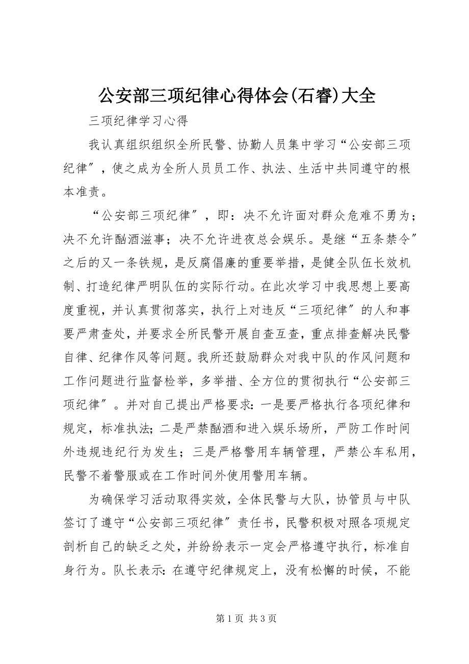 2023年公安部三项纪律心得体会石睿大全.docx_第1页