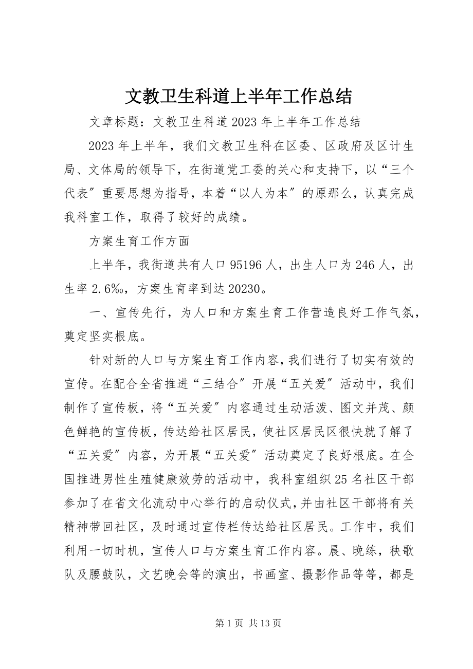 2023年文教卫生科道上半年工作总结.docx_第1页