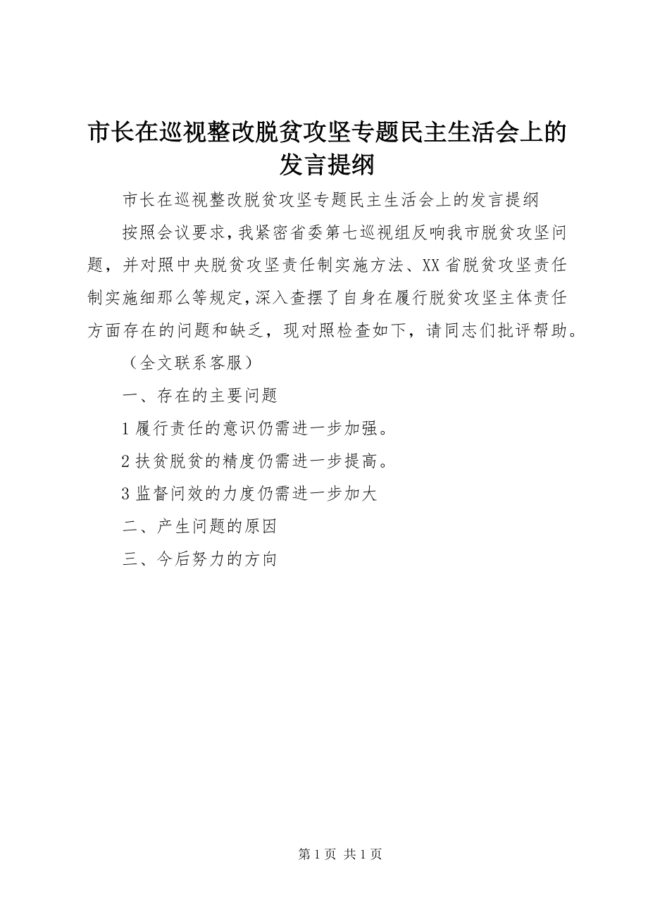 2023年市长在巡视整改脱贫攻坚专题民主生活会上的讲话提纲.docx_第1页