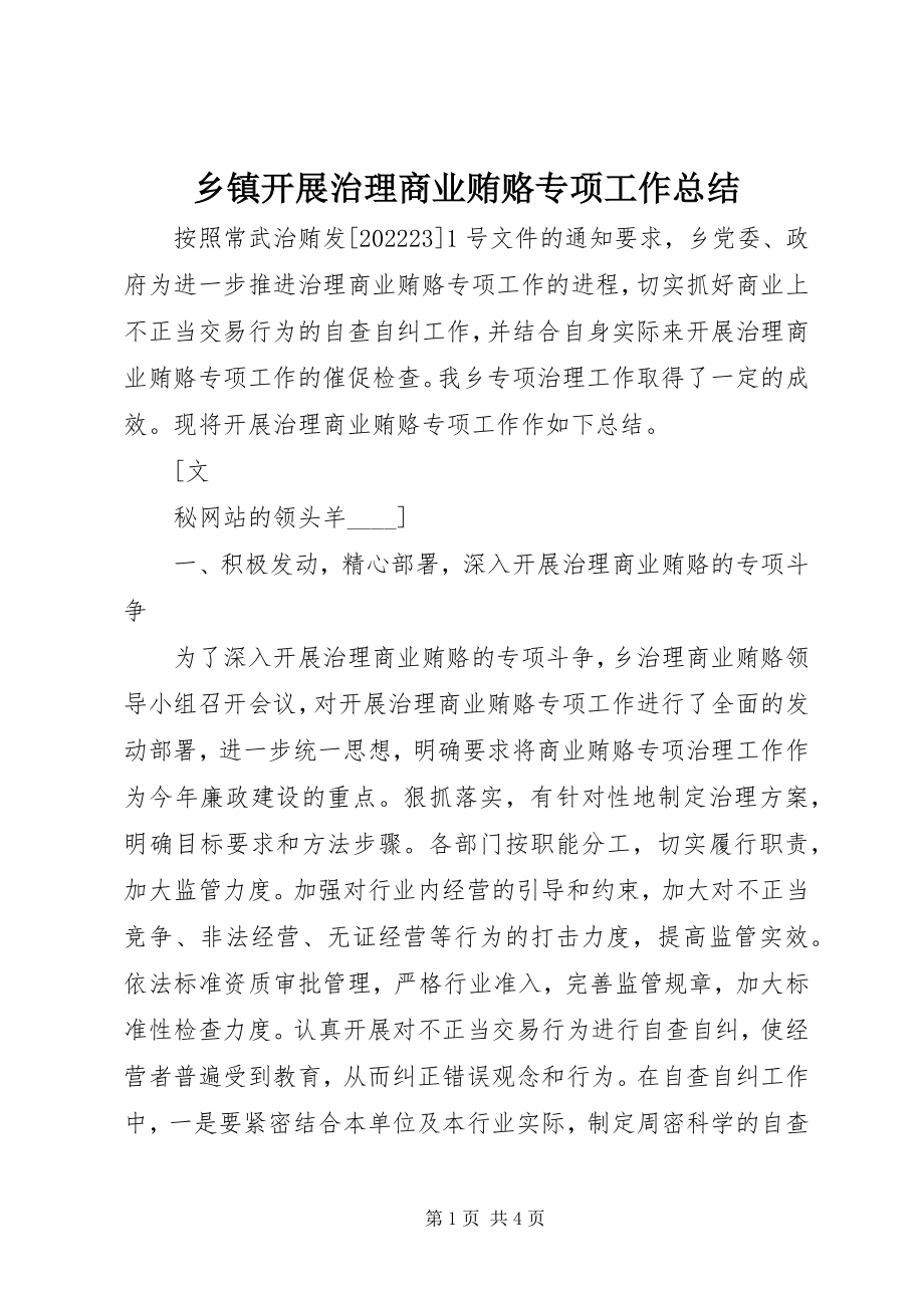 2023年乡镇开展治理商业贿赂专项工作总结.docx_第1页