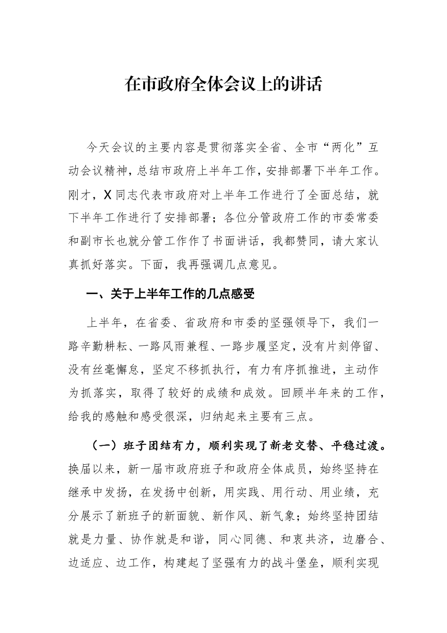 政府办：在市政府全体会议上的讲话.docx_第1页