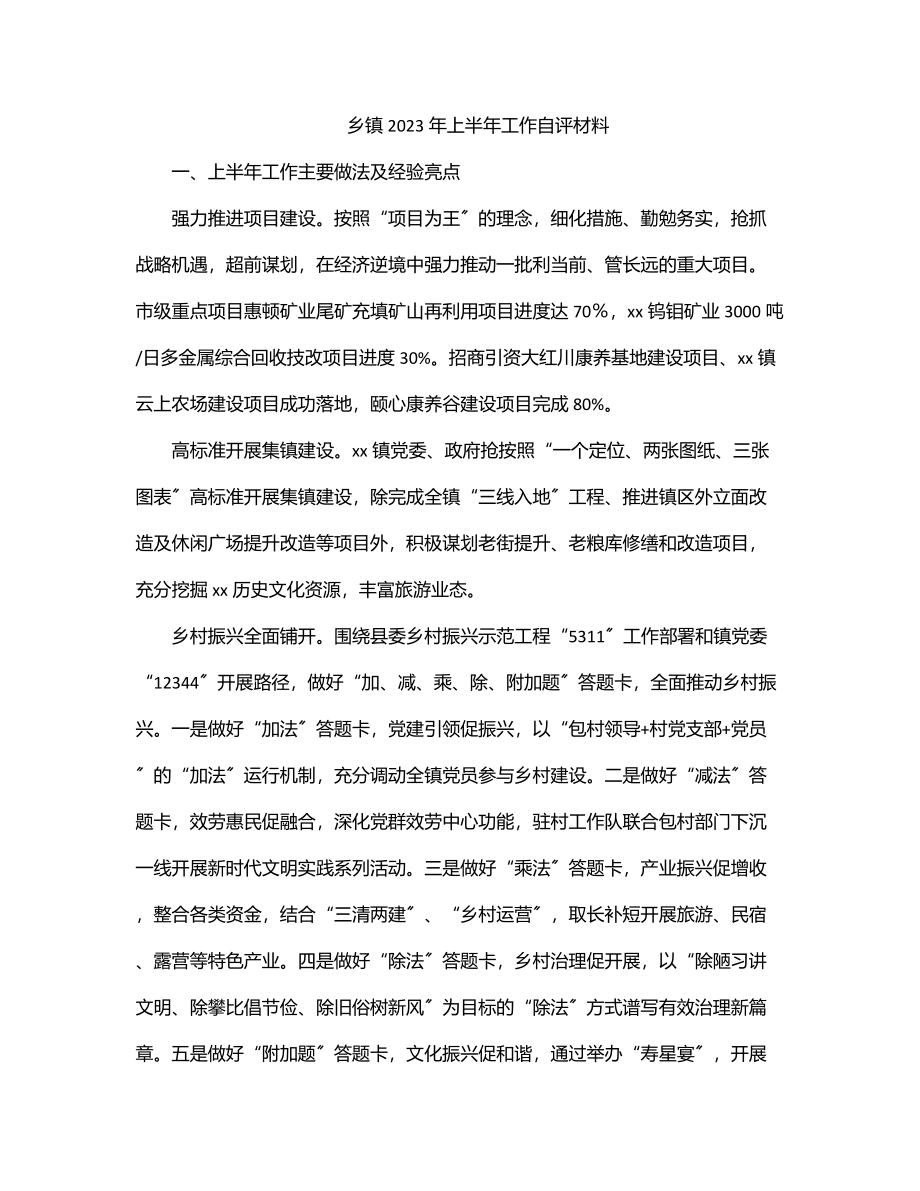 乡镇2023年上半年工作自评材料.docx_第1页