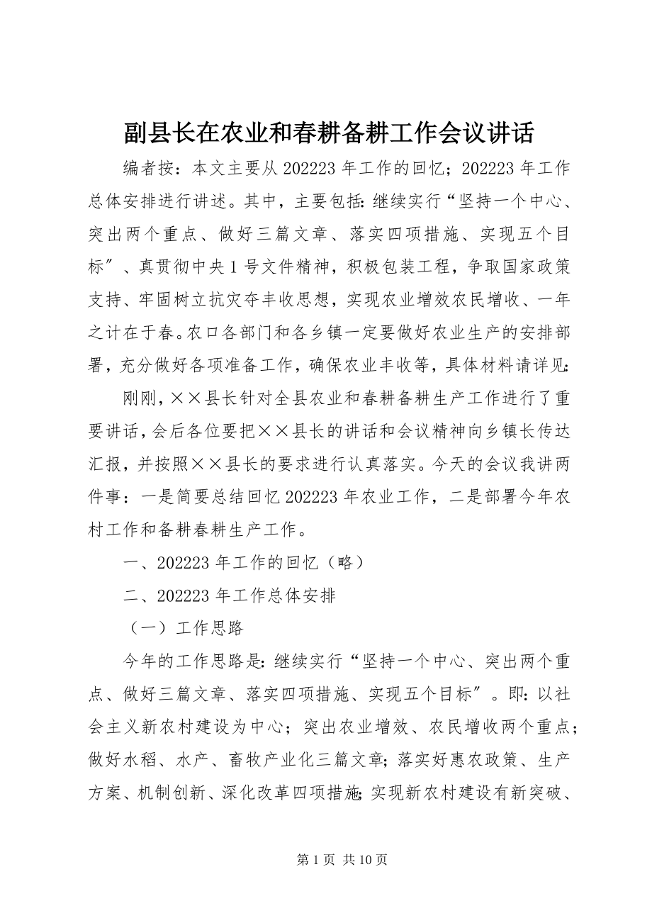 2023年副县长在农业和春耕备耕工作会议致辞.docx_第1页