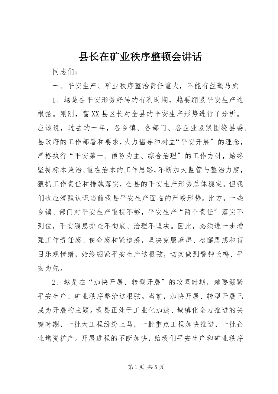 2023年县长在矿业秩序整顿会致辞.docx_第1页