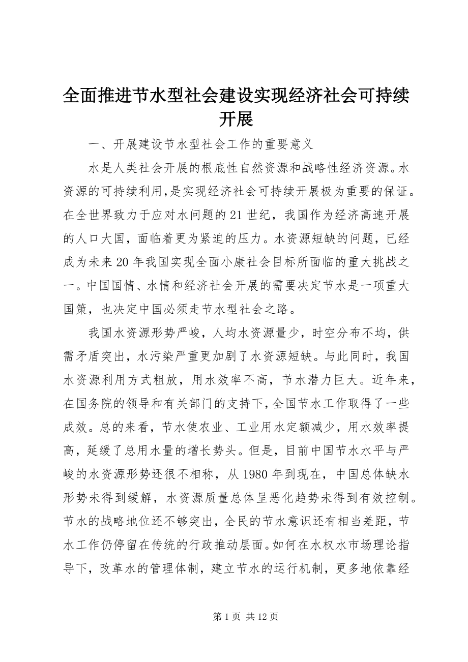 2023年全面推进节水型社会建设实现经济社会可持续发展.docx_第1页