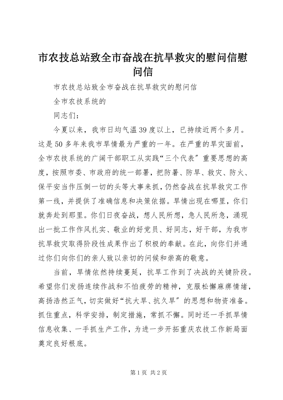 2023年市农技总站致全市奋战在抗旱救灾的慰问信慰问信.docx_第1页