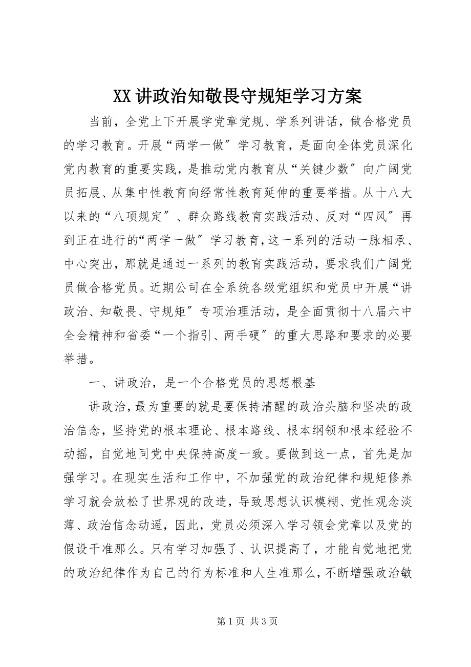 2023年XX讲政治知敬畏守规矩学习计划.docx_第1页