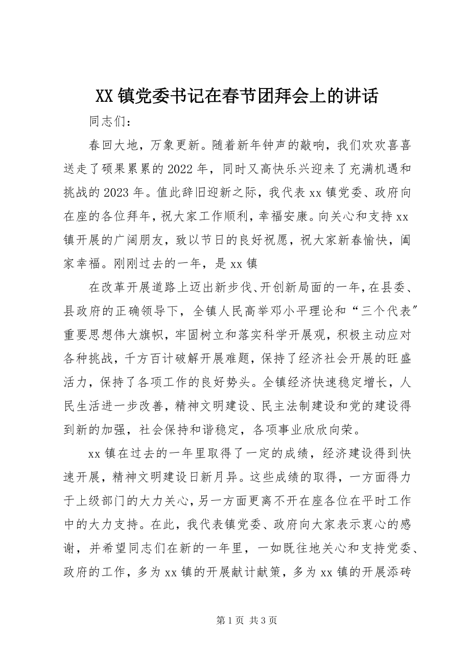 2023年XX镇党委书记在春节团拜会上的致辞新编.docx_第1页