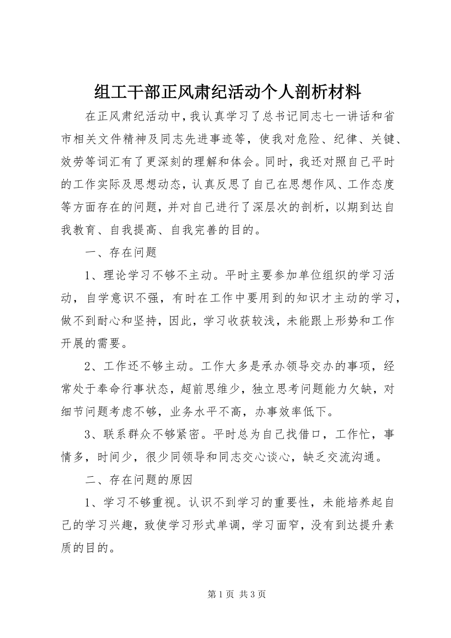 2023年组工干部正风肃纪活动个人剖析材料.docx_第1页