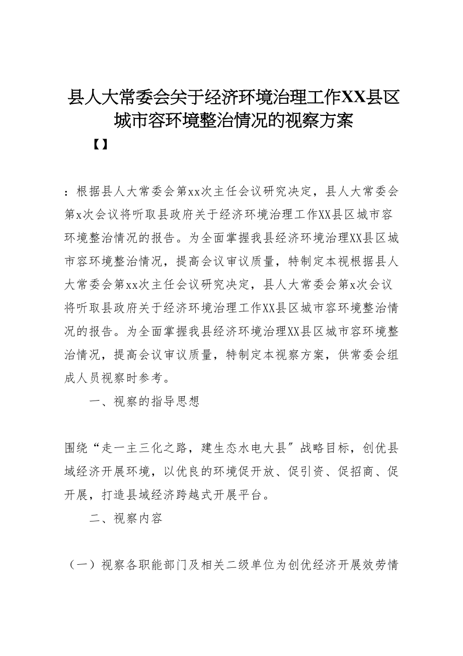 2023年县人大常委会关于经济环境治理工作县区城市容环境整治情况的视察方案.doc_第1页