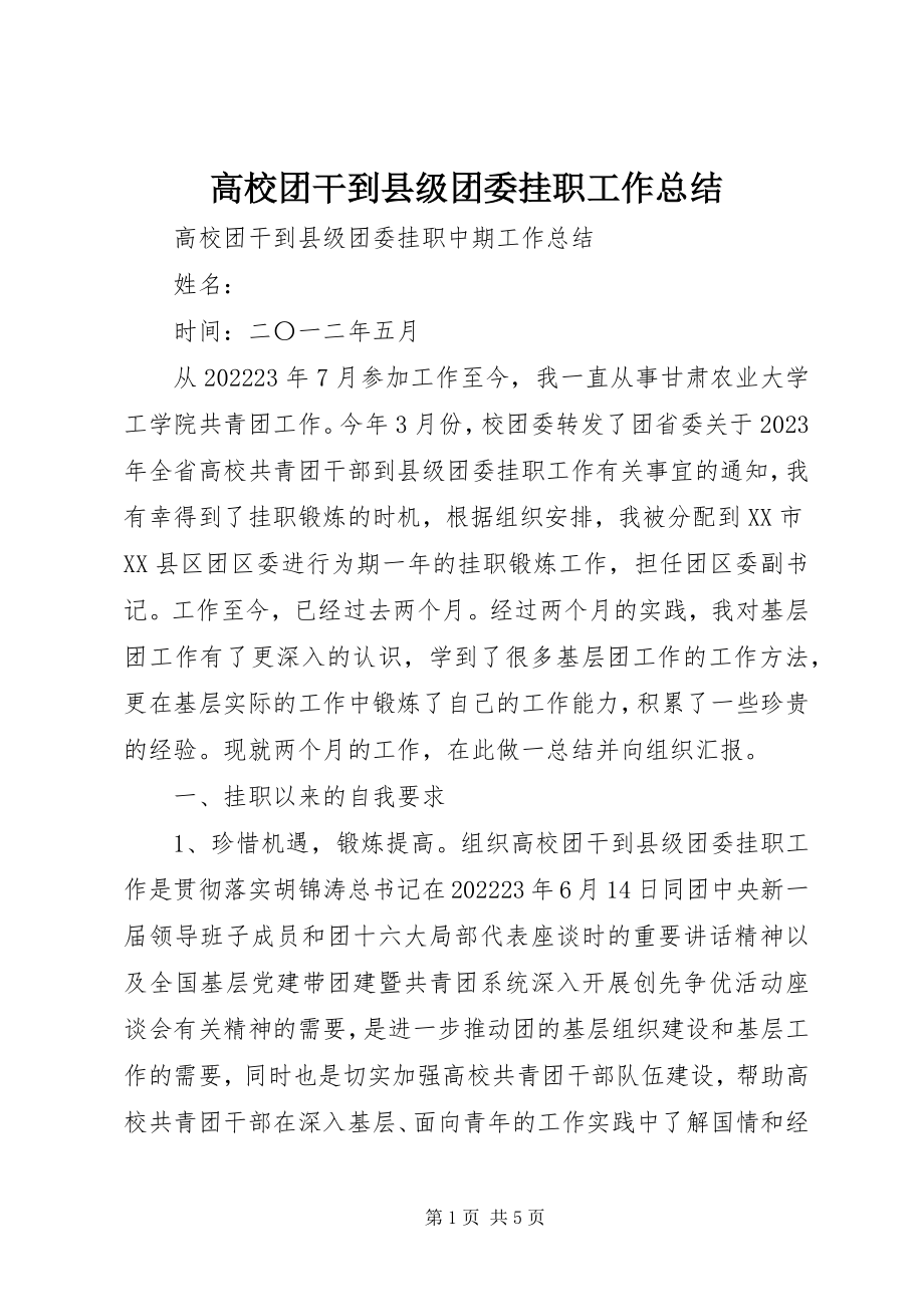 2023年高校团干到县级团委挂职工作总结.docx_第1页