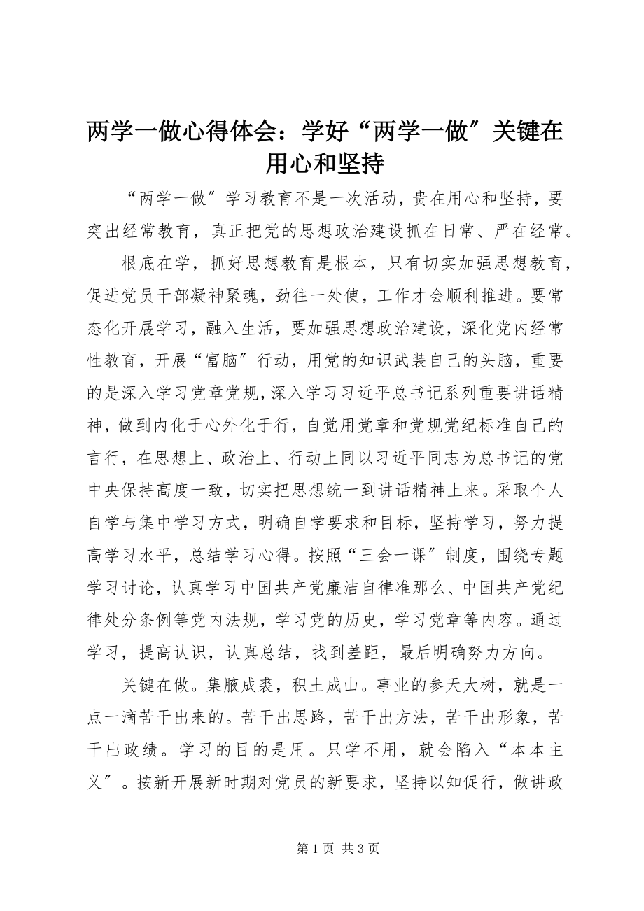 2023年两学一做心得体会学好“两学一做”关键在用心和坚持.docx_第1页