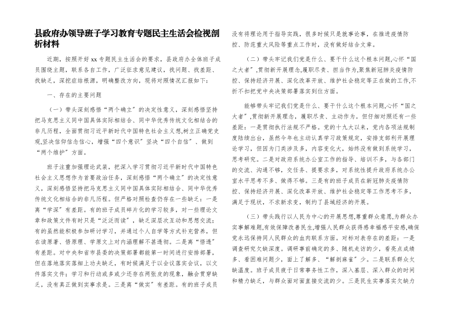 2023年县政府办领导班子学习教育专题民主生活会检视剖析材料.docx_第1页