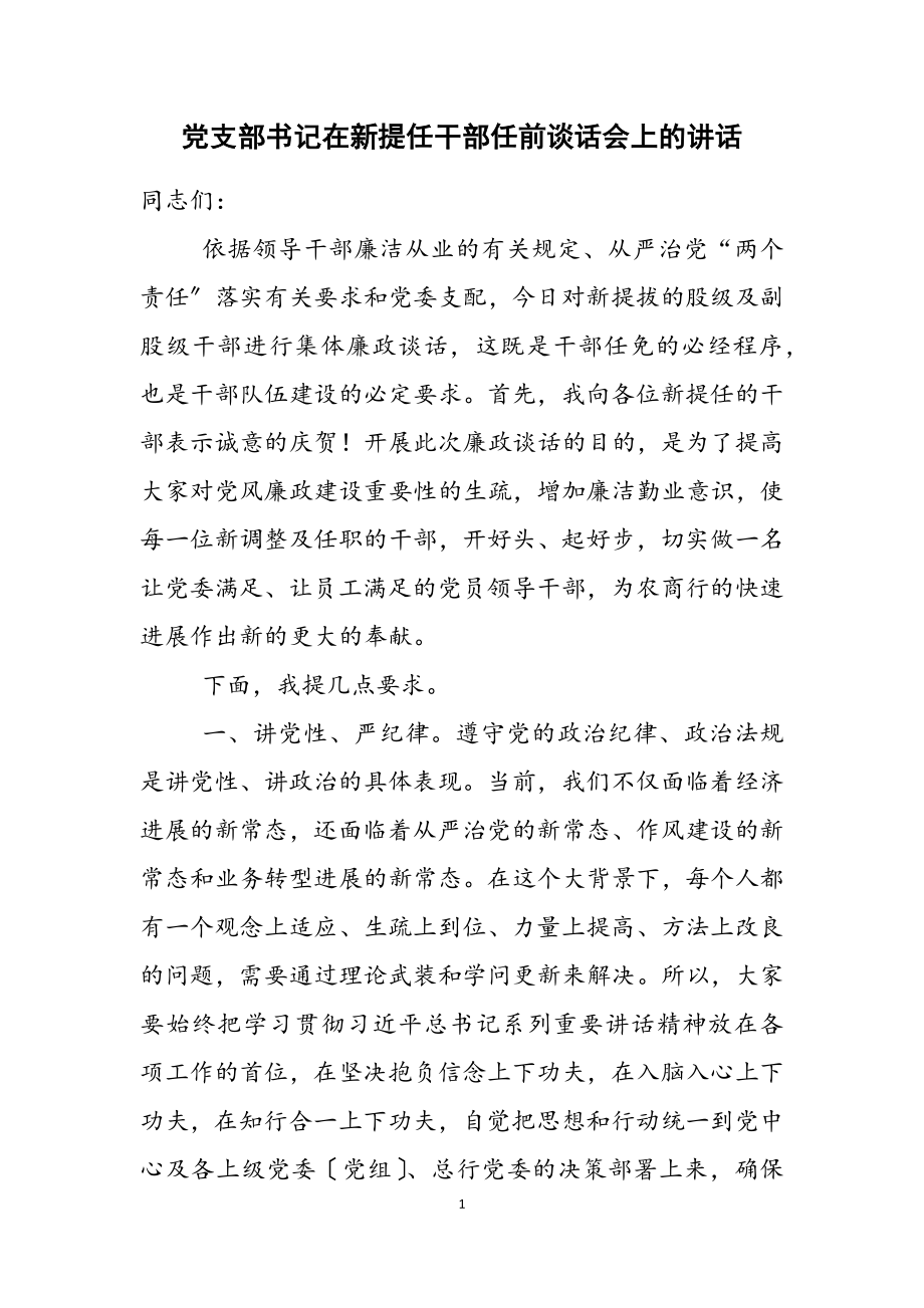 2023年党支部书记在新提任干部任前谈话会上的讲话.doc_第1页