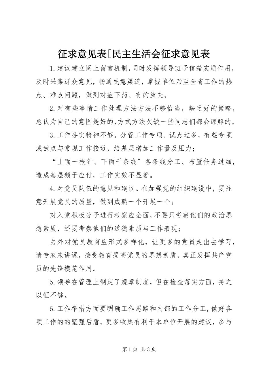 2023年征求意见表民主生活会征求意见表.docx_第1页