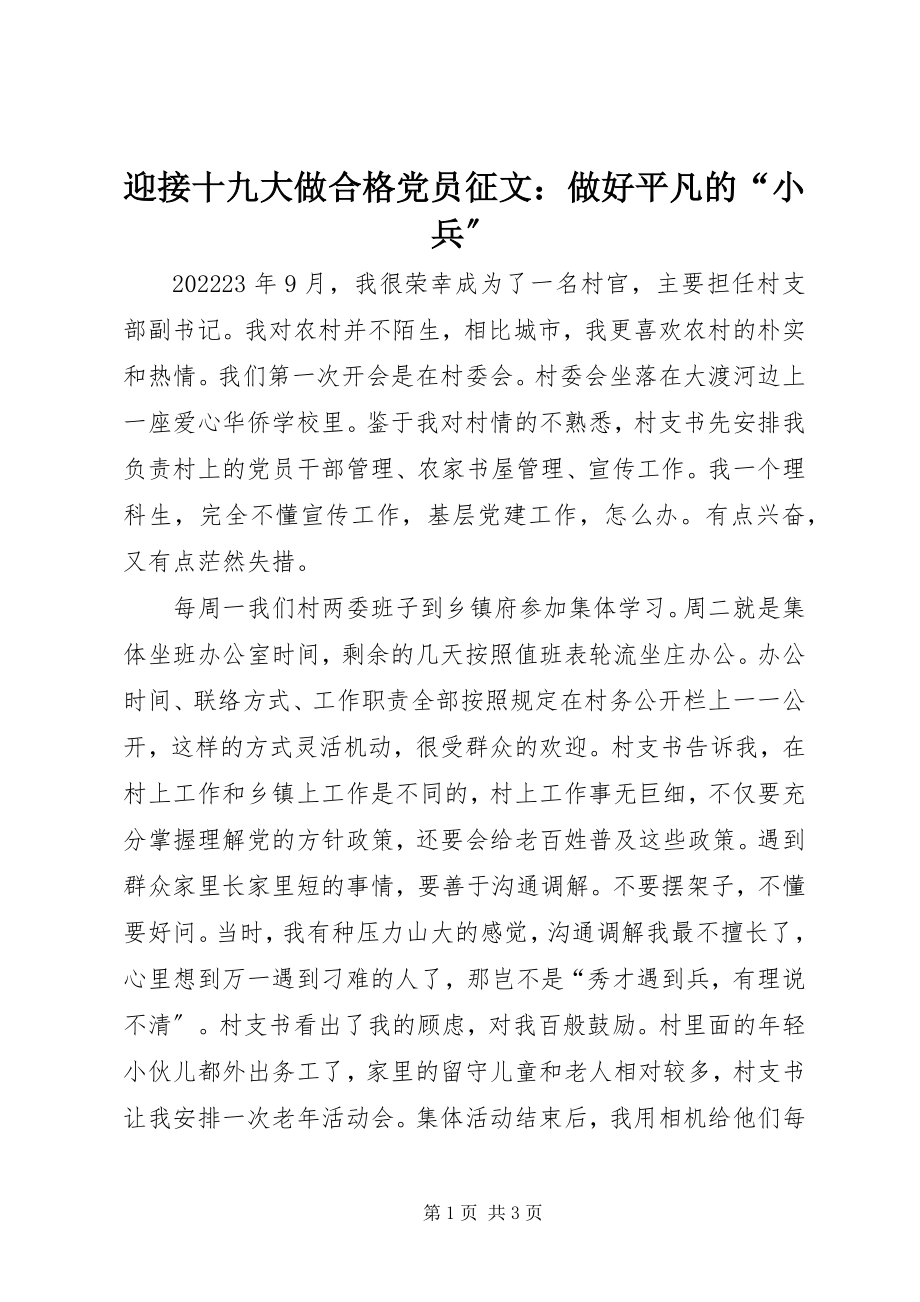 2023年迎接十九大做合格党员征文做好平凡的“小兵”.docx_第1页