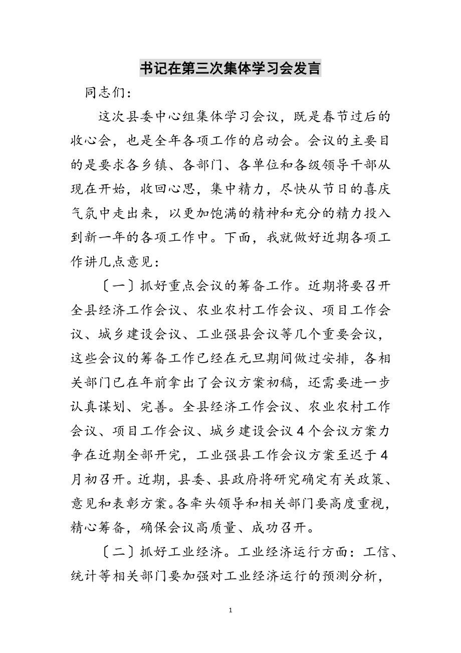 2023年书记在第三次集体学习会发言范文.doc_第1页