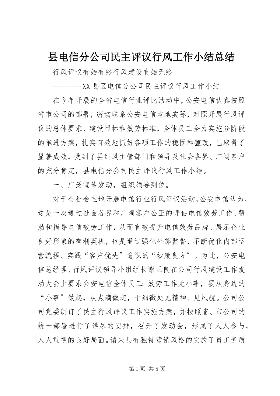 2023年县电信分公司民主评议行风工作小结总结.docx_第1页