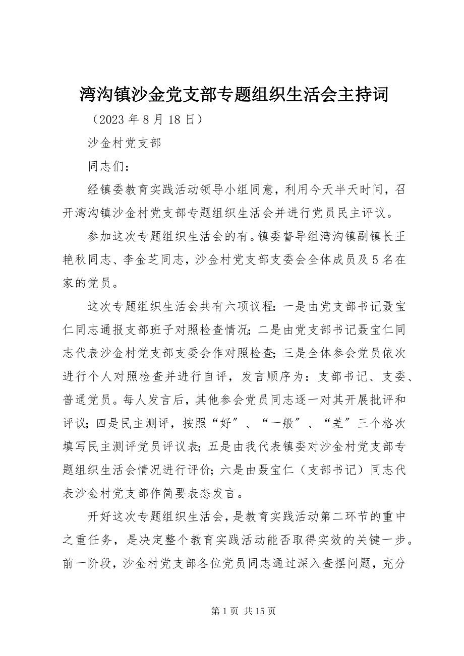 2023年湾沟镇沙金党支部专题组织生活会主持词.docx_第1页