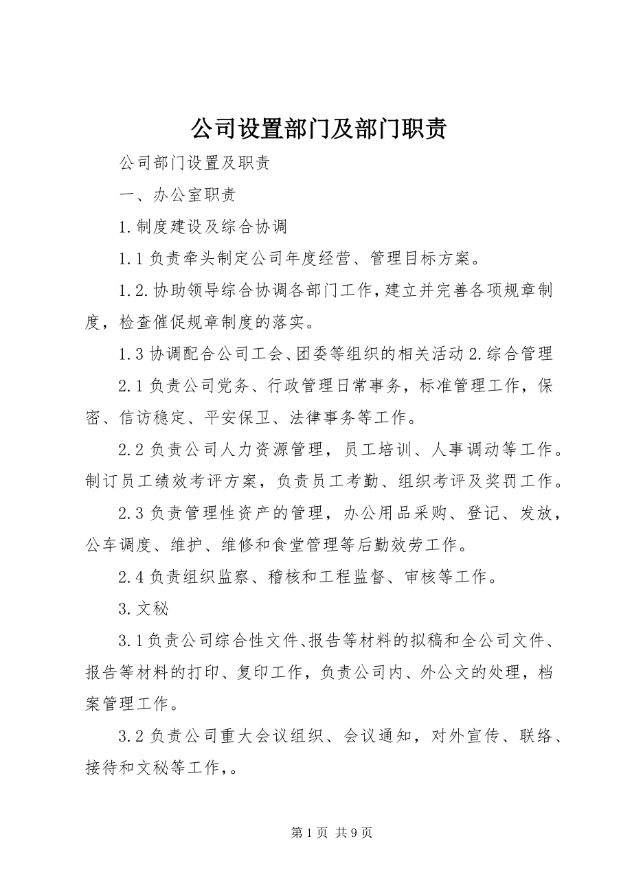 2023年公司设置部门及部门职责.docx_第1页