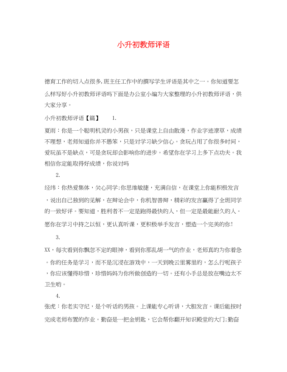 2023年小升初教师评语.docx_第1页