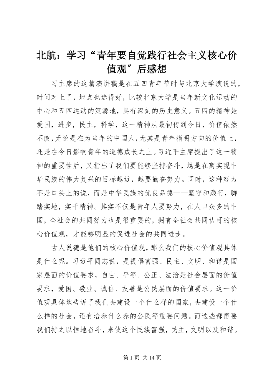 2023年北航学习“青年要自觉践行社会主义核心价值观”后感想新编.docx_第1页