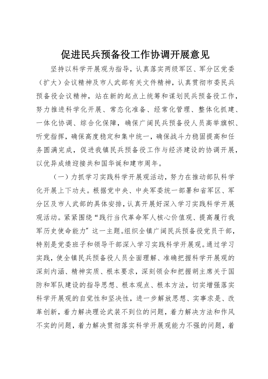 2023年促进民兵预备役工作协调发展意见.docx_第1页