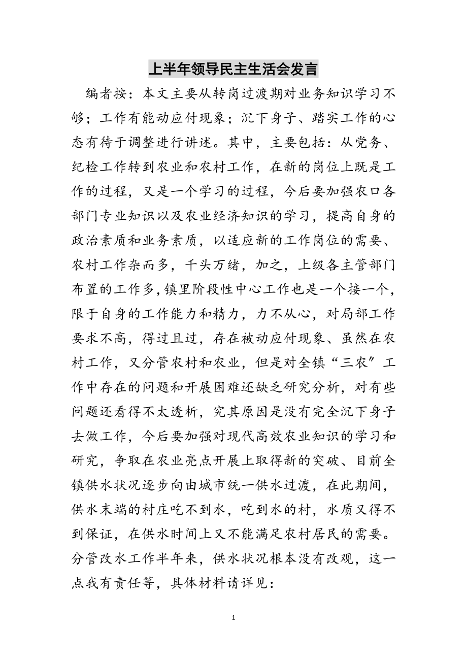 2023年上半年领导民主生活会发言范文.doc_第1页