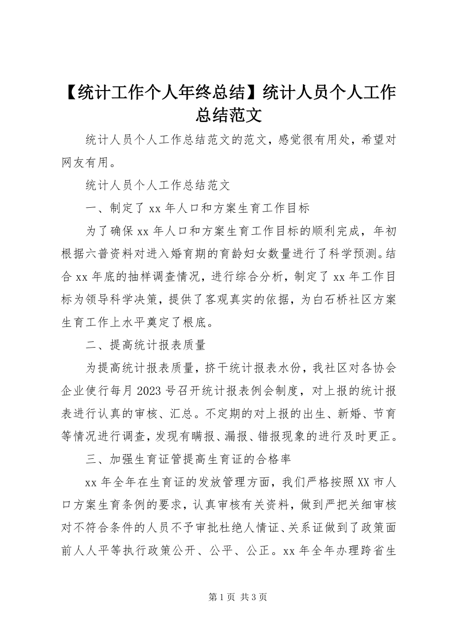 2023年统计工作个人年终总结统计人员个人工作总结.docx_第1页