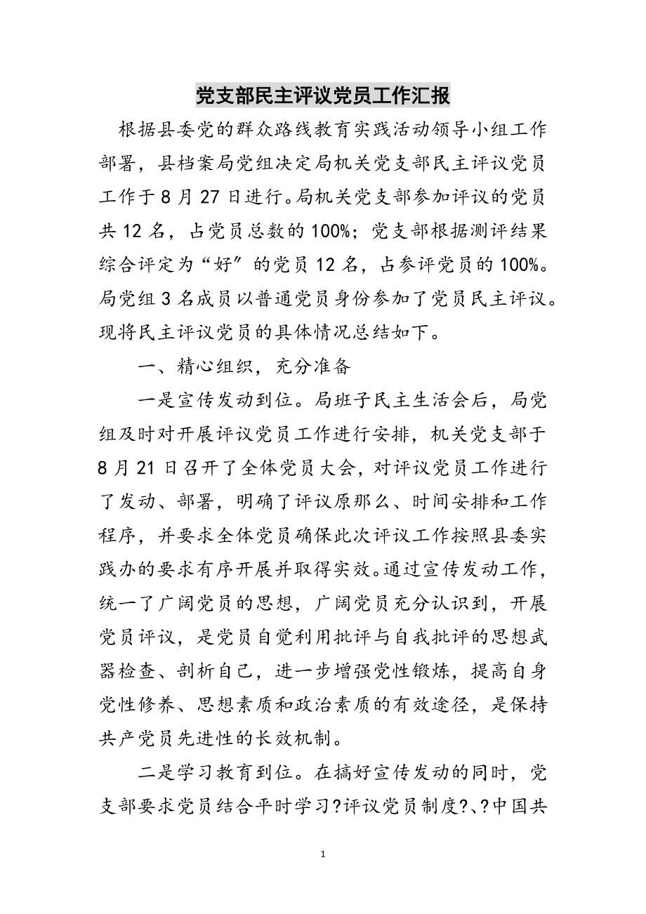 2023年党支部民主评议党员工作汇报范文.doc_第1页