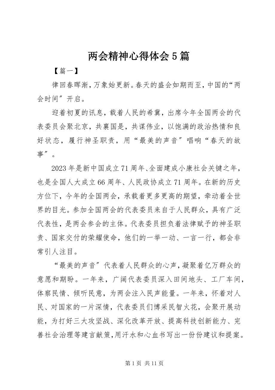 2023年两会精神心得体会5篇.docx_第1页