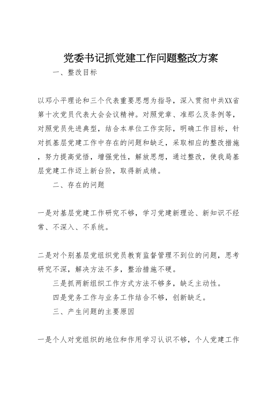 2023年党委书记抓党建工作问题整改方案.doc_第1页